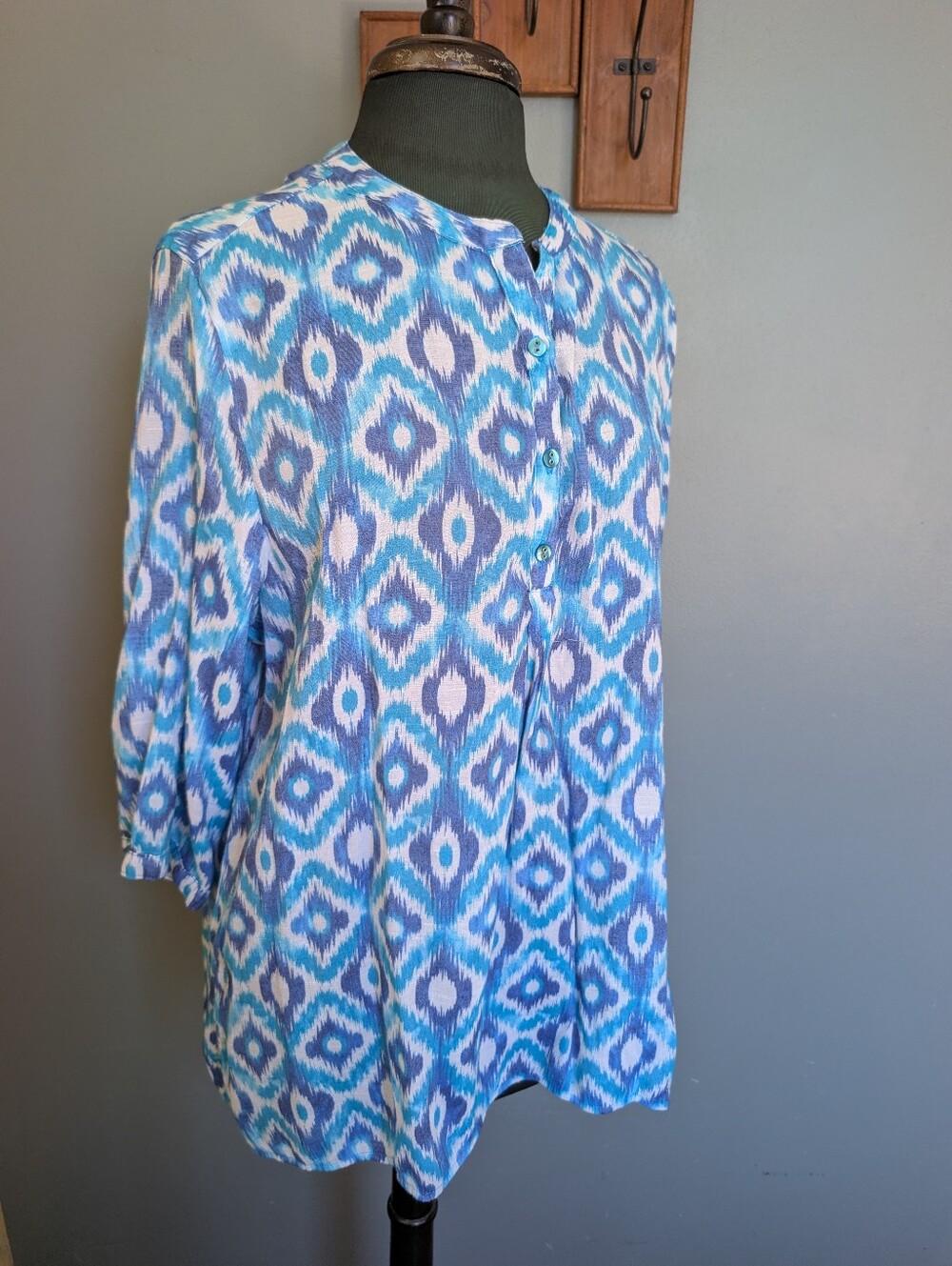 Lightweight Blue Ikat Print Women's Tunic Top